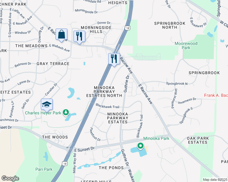 map of restaurants, bars, coffee shops, grocery stores, and more near 1003 Fleetfoot Drive in Waukesha