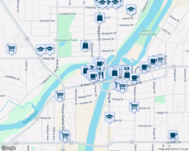 map of restaurants, bars, coffee shops, grocery stores, and more near 1 Frazer Street in Welland