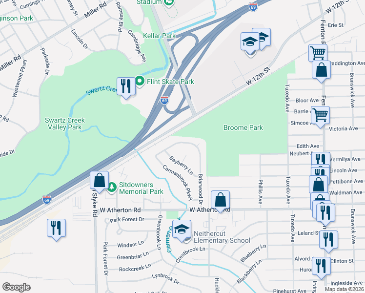 map of restaurants, bars, coffee shops, grocery stores, and more near 1732 Briarwood Drive in Flint