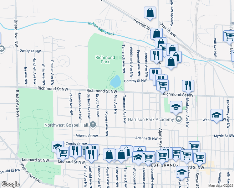 map of restaurants, bars, coffee shops, grocery stores, and more near 1554 Pine Avenue Northwest in Grand Rapids