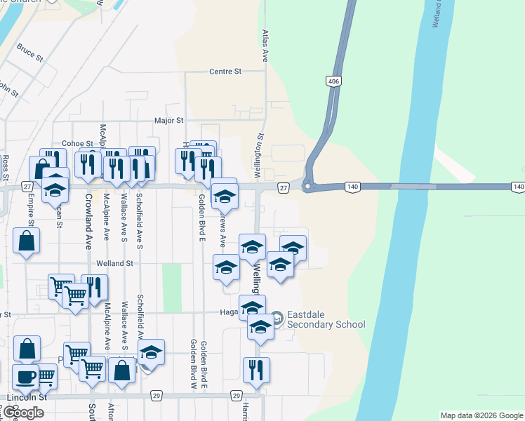 map of restaurants, bars, coffee shops, grocery stores, and more near 24 Wellington Street in Welland