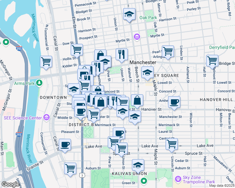 map of restaurants, bars, coffee shops, grocery stores, and more near 148 Concord Street in Manchester