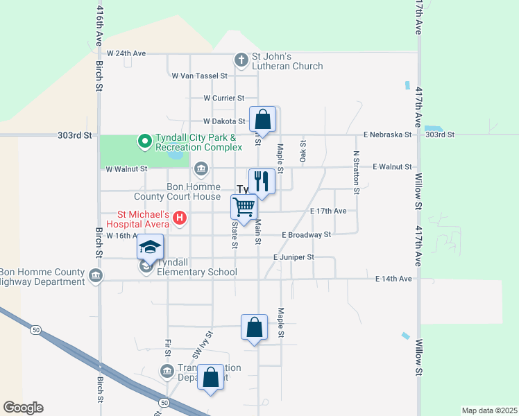 map of restaurants, bars, coffee shops, grocery stores, and more near 1703 East 17th Avenue in Tyndall