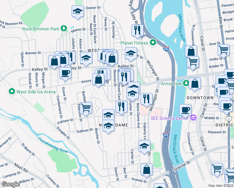 map of restaurants, bars, coffee shops, grocery stores, and more near 383 Rimmon Street in Manchester