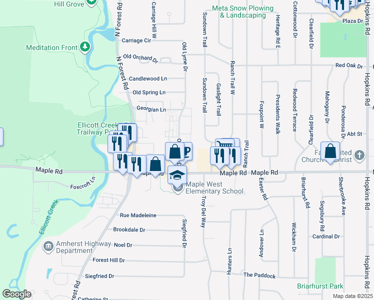 map of restaurants, bars, coffee shops, grocery stores, and more near 59A Old Lyme Drive in Buffalo