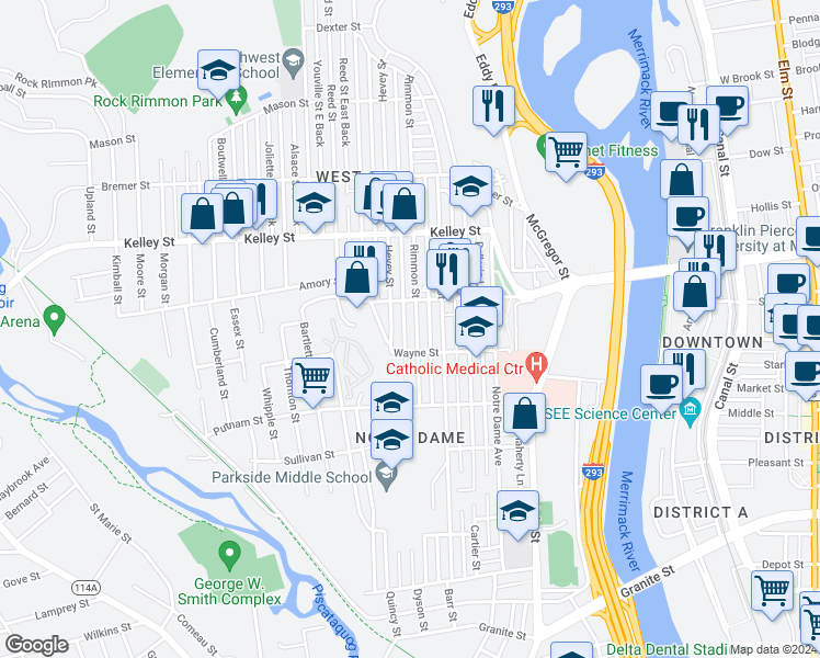 map of restaurants, bars, coffee shops, grocery stores, and more near 386 Rimmon Street in Manchester