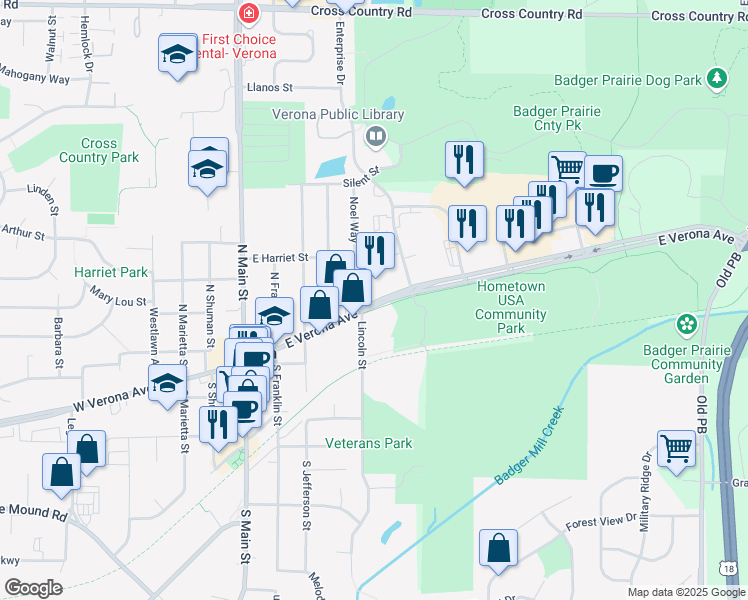 map of restaurants, bars, coffee shops, grocery stores, and more near 430 E Verona Ave in Verona