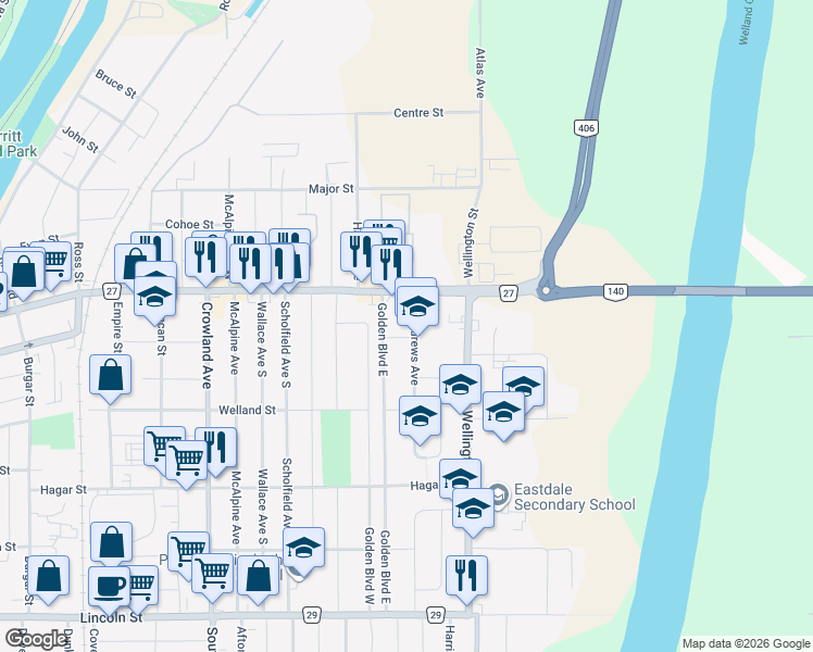 map of restaurants, bars, coffee shops, grocery stores, and more near 17 Saint Andrews Avenue in Welland