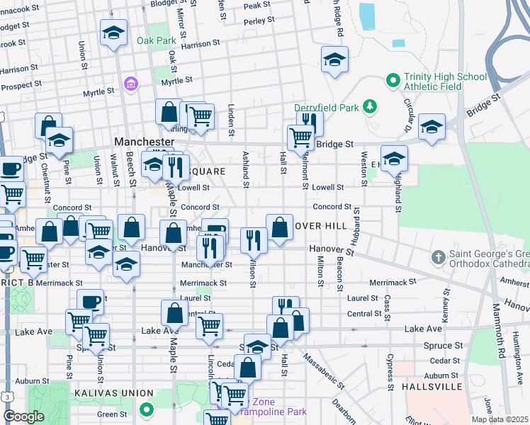 map of restaurants, bars, coffee shops, grocery stores, and more near 362 Concord Street in Manchester