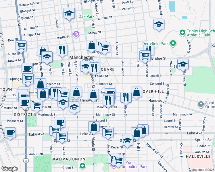 map of restaurants, bars, coffee shops, grocery stores, and more near 286 Concord Street in Manchester