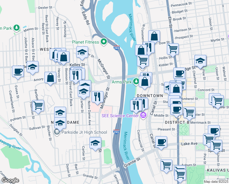 map of restaurants, bars, coffee shops, grocery stores, and more near 195 McGregor Street in Manchester