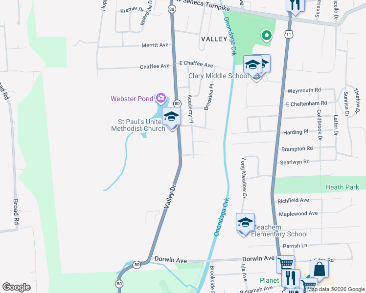 map of restaurants, bars, coffee shops, grocery stores, and more near 2221 Valley Drive in Syracuse