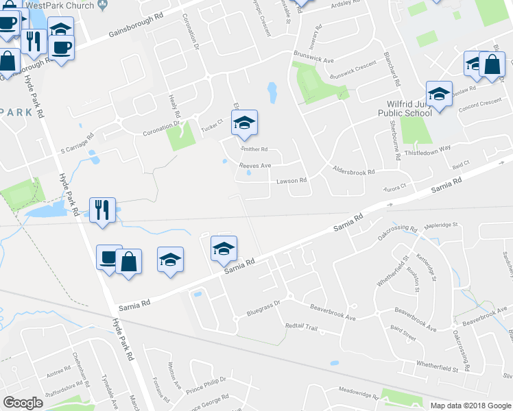 map of restaurants, bars, coffee shops, grocery stores, and more near 1210 Sandbar Street in London