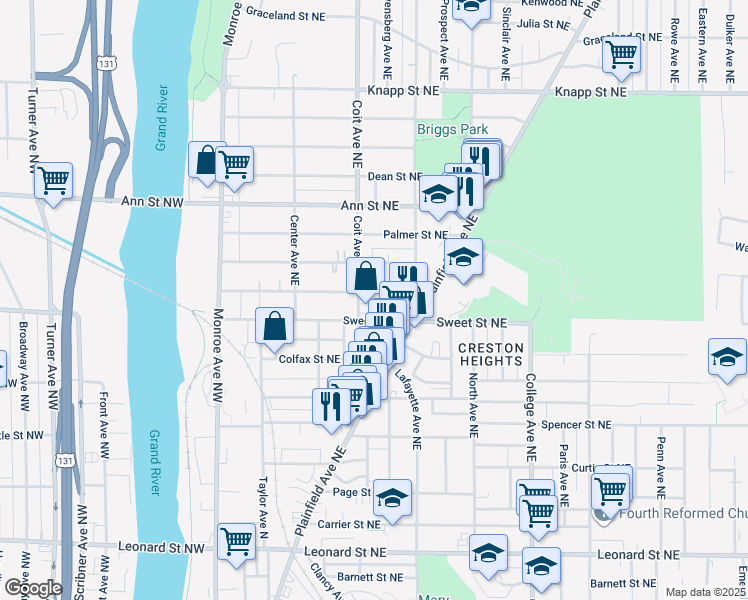 map of restaurants, bars, coffee shops, grocery stores, and more near 227 Dale Street Northeast in Grand Rapids