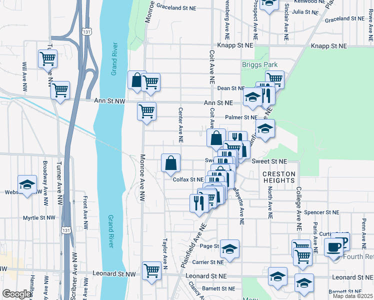 map of restaurants, bars, coffee shops, grocery stores, and more near 110 Dale Street Northeast in Grand Rapids