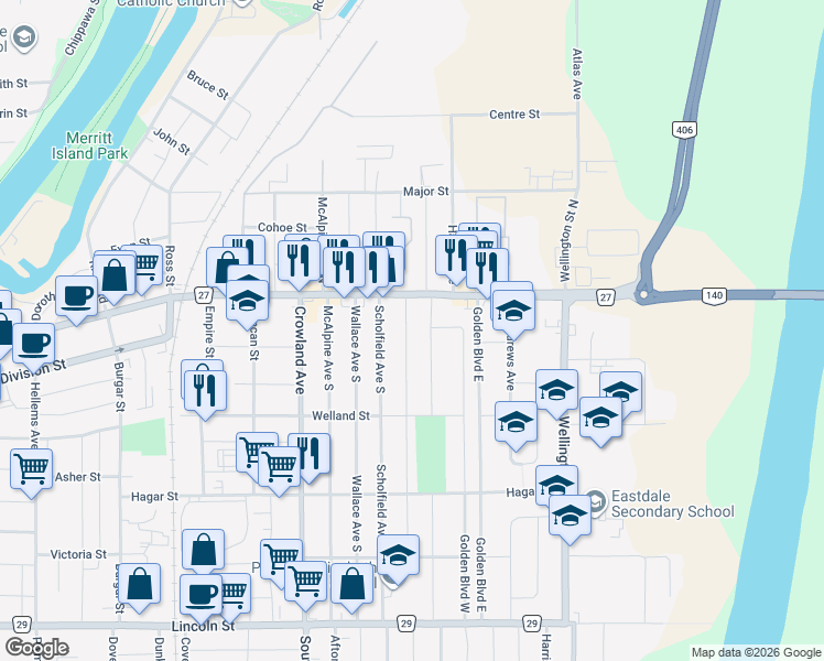 map of restaurants, bars, coffee shops, grocery stores, and more near 22 Lyons Avenue in Welland