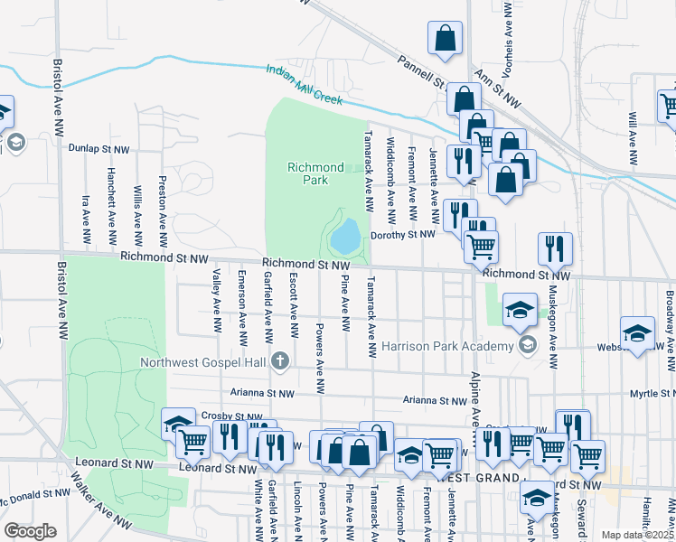 map of restaurants, bars, coffee shops, grocery stores, and more near 1038 Richmond Street Northwest in Grand Rapids