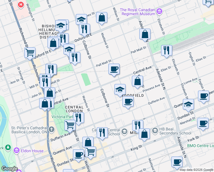 map of restaurants, bars, coffee shops, grocery stores, and more near 421 Central Avenue in London