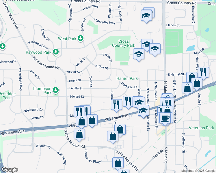 map of restaurants, bars, coffee shops, grocery stores, and more near 571 Grace Street in Verona