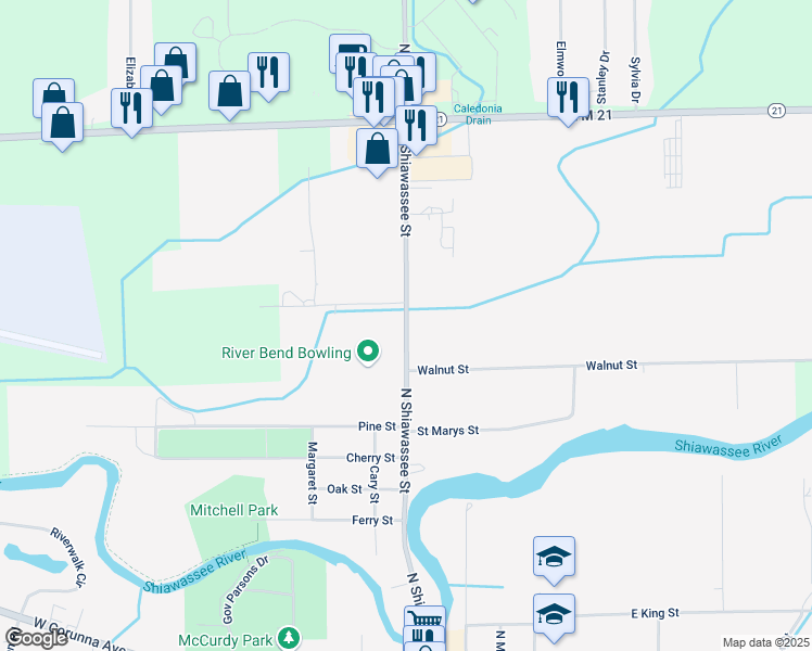 map of restaurants, bars, coffee shops, grocery stores, and more near 1025 North Shiawassee Street in Corunna