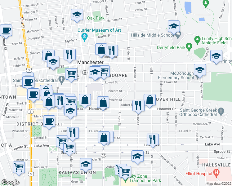 map of restaurants, bars, coffee shops, grocery stores, and more near 29 Dutton Street in Manchester