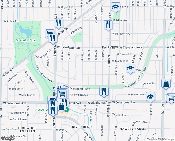 map of restaurants, bars, coffee shops, grocery stores, and more near 2855 South 71st Street in Milwaukee