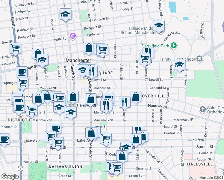 map of restaurants, bars, coffee shops, grocery stores, and more near 323 Concord Street in Manchester