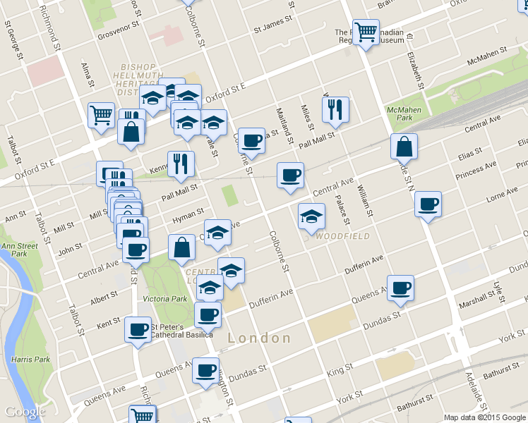 map of restaurants, bars, coffee shops, grocery stores, and more near 603 Colborne Street in London