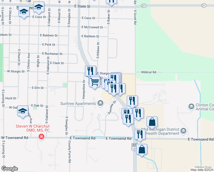 map of restaurants, bars, coffee shops, grocery stores, and more near 2119 South US 27 in Saint Johns