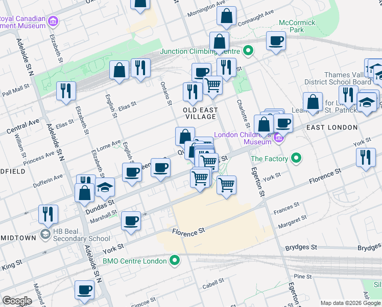 map of restaurants, bars, coffee shops, grocery stores, and more near 438 Ontario Street in London