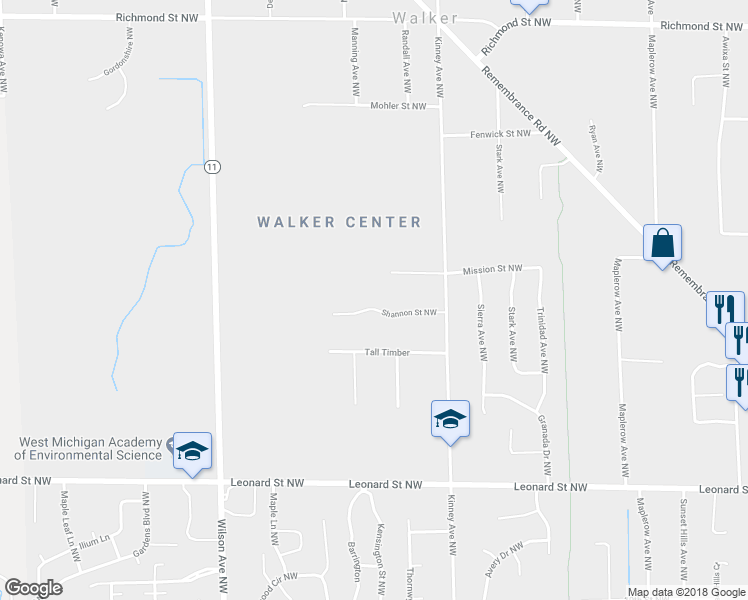 map of restaurants, bars, coffee shops, grocery stores, and more near 4115 Shannon Street Northwest in Grand Rapids