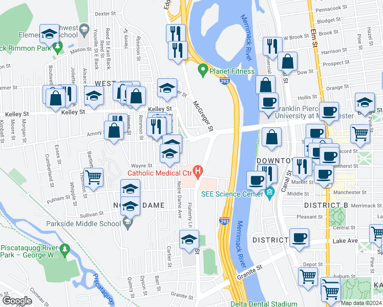 map of restaurants, bars, coffee shops, grocery stores, and more near 122 McGregor Street in Manchester
