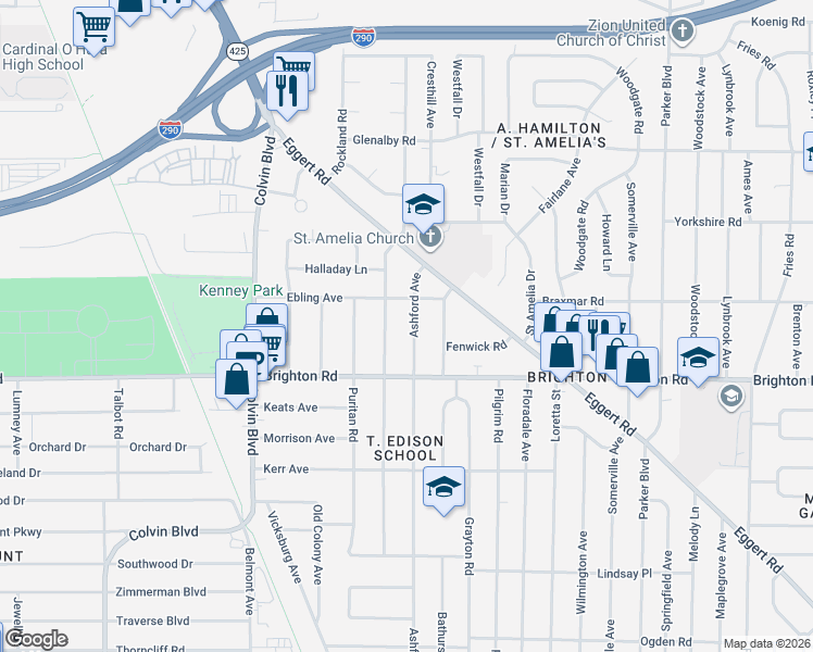 map of restaurants, bars, coffee shops, grocery stores, and more near 441 Ashford Avenue in Tonawanda