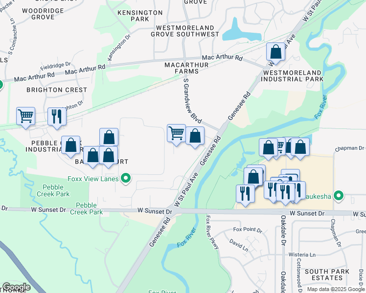 map of restaurants, bars, coffee shops, grocery stores, and more near 2140 West Saint Paul Avenue in Waukesha