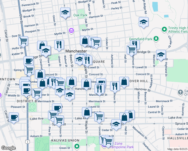 map of restaurants, bars, coffee shops, grocery stores, and more near 286 Concord Street in Manchester
