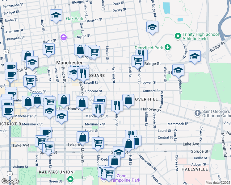 map of restaurants, bars, coffee shops, grocery stores, and more near 362 Concord Street in Manchester