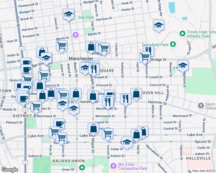 map of restaurants, bars, coffee shops, grocery stores, and more near 286 Concord Street in Manchester