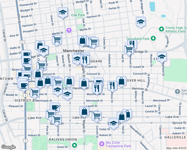 map of restaurants, bars, coffee shops, grocery stores, and more near 286 Concord Street in Manchester