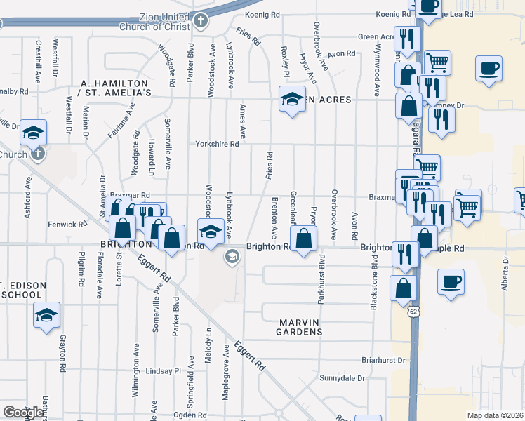 map of restaurants, bars, coffee shops, grocery stores, and more near 450 Fries Road in Tonawanda