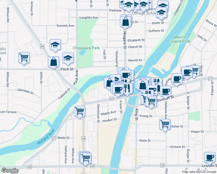 map of restaurants, bars, coffee shops, grocery stores, and more near in Welland
