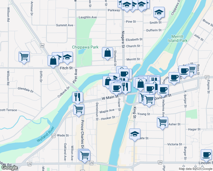 map of restaurants, bars, coffee shops, grocery stores, and more near in Welland