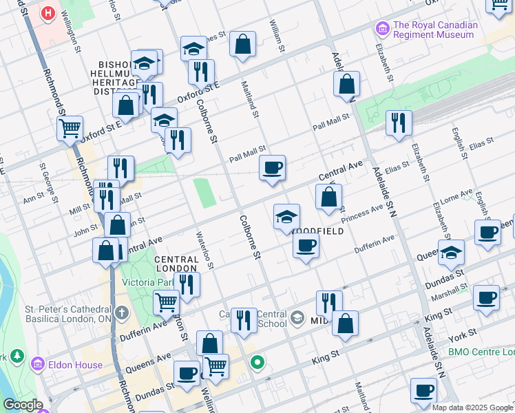 map of restaurants, bars, coffee shops, grocery stores, and more near 426 Central Avenue in London
