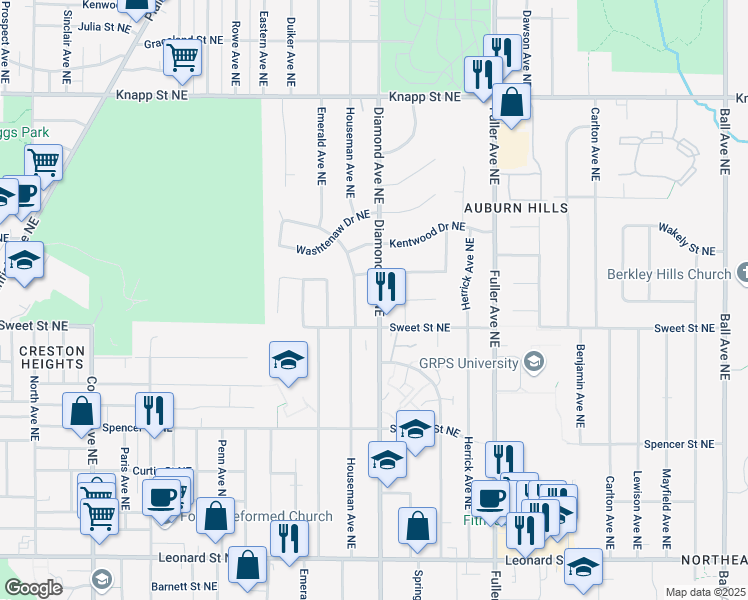 map of restaurants, bars, coffee shops, grocery stores, and more near 1646 Country Club Drive Northeast in Grand Rapids