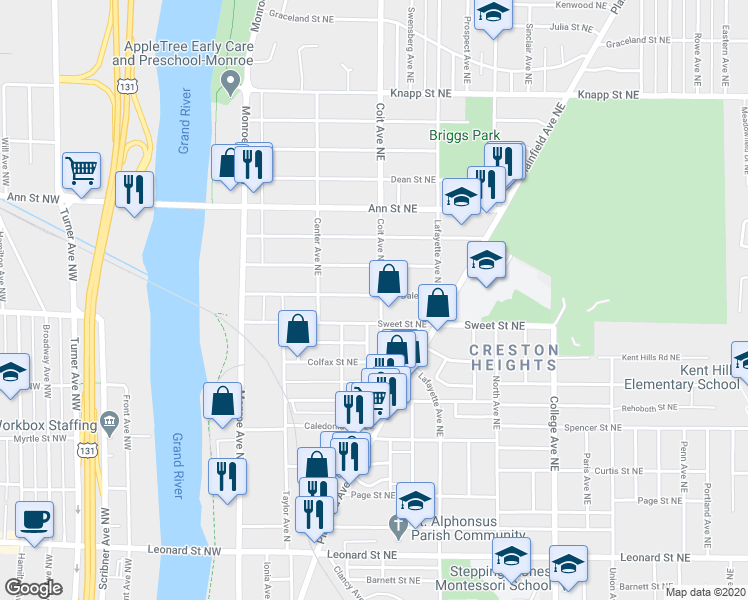 map of restaurants, bars, coffee shops, grocery stores, and more near 161 Dale Street Northeast in Grand Rapids