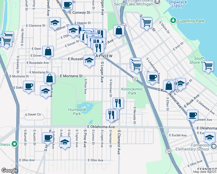 map of restaurants, bars, coffee shops, grocery stores, and more near 2827 South Herman Street in Milwaukee