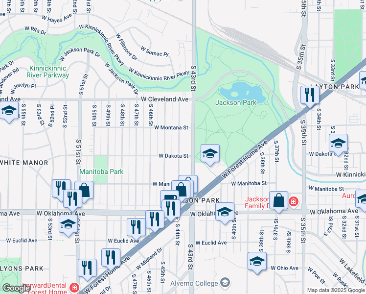 map of restaurants, bars, coffee shops, grocery stores, and more near 2832 South 44th Street in Milwaukee