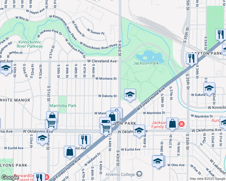 map of restaurants, bars, coffee shops, grocery stores, and more near 2832 South 44th Street in Milwaukee