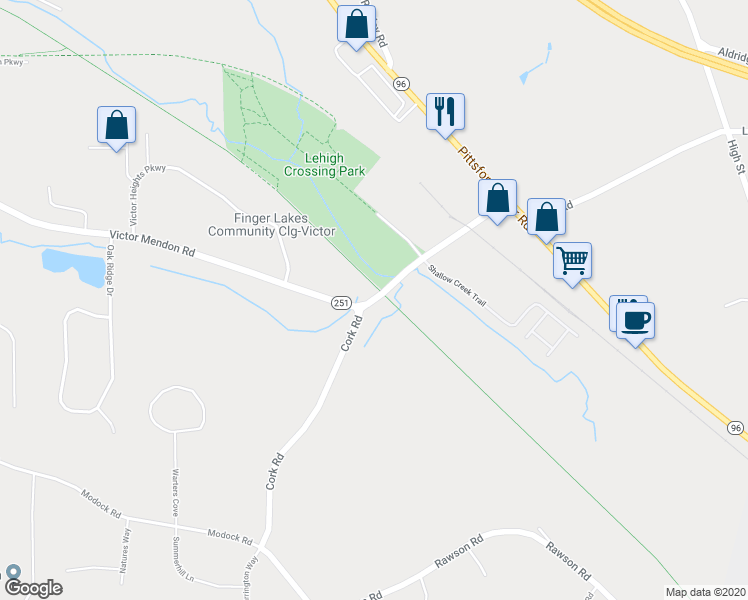 map of restaurants, bars, coffee shops, grocery stores, and more near 7445 Victor Mendon Road in Victor