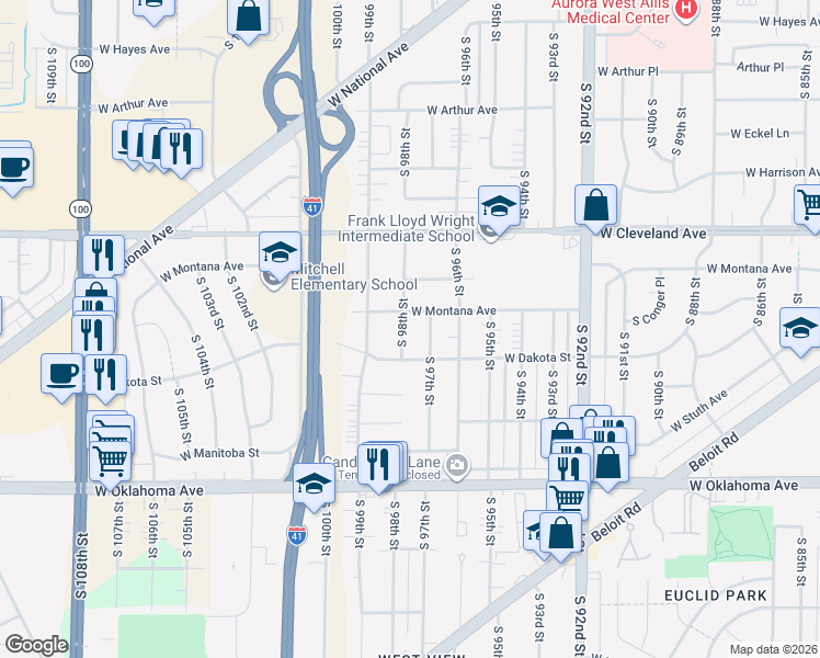 map of restaurants, bars, coffee shops, grocery stores, and more near 9705 West Montana Avenue in West Allis