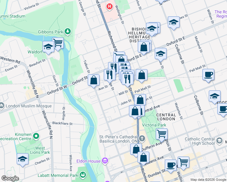map of restaurants, bars, coffee shops, grocery stores, and more near 83 St George St in London